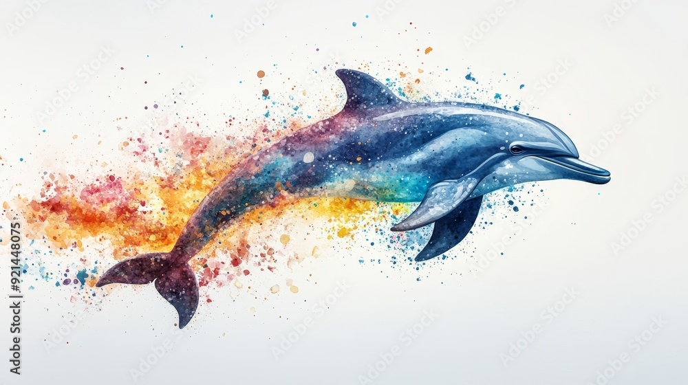 Dolphin in mid-air, playful splash of pastel watercolors, vibrant and colorful, ideal for a child's room, creating a joyful atmosphere Dolphin in mid-air, playful splash of pastel watercolors, vibrant and colorful, ideal for a child's room, creating a joyful atmosphere