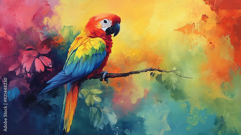 Fototapeta premium A colorful parrot perched on a branch, watercolor oil painting for a child's room, vibrant pastel tones, whimsical and lively scene