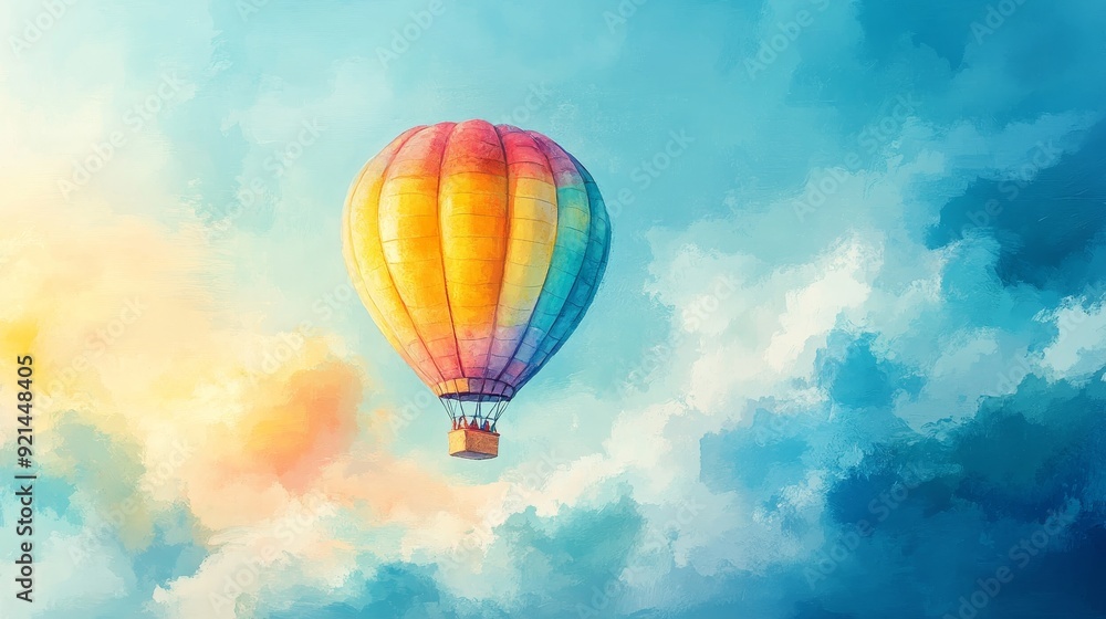 Fototapeta premium Colorful hot air balloon drifting through a serene sky, watercolor oil painting with soft pastels, ideal for a playful child's room atmosphere