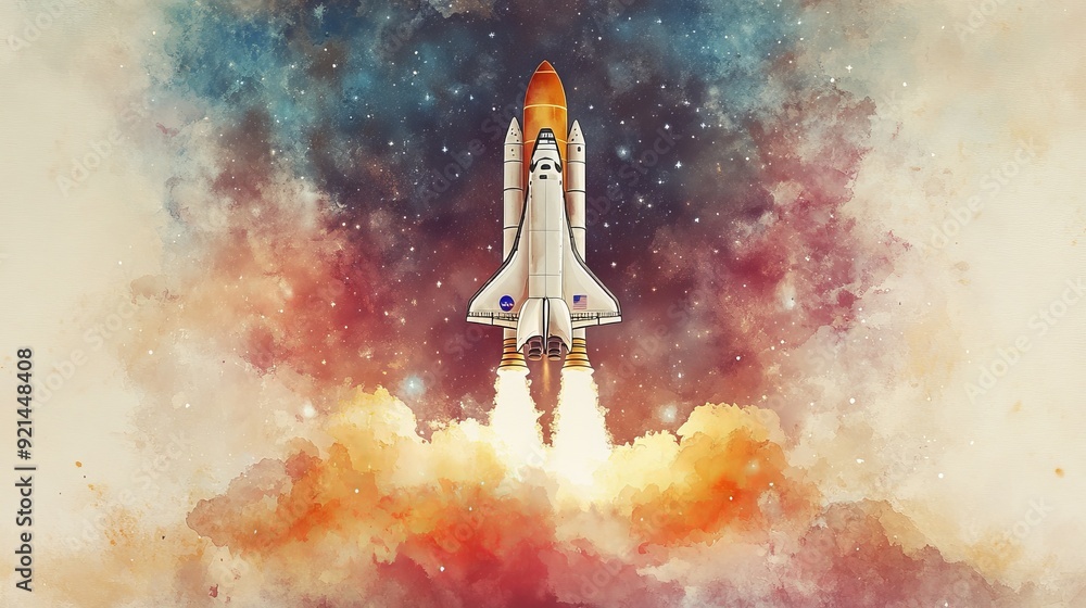 Fototapeta premium Delicate watercolor art of a pastel space landscape, featuring joyful rockets and planets, perfect for inspiring young minds in a child's room, with colorful cosmic elements
