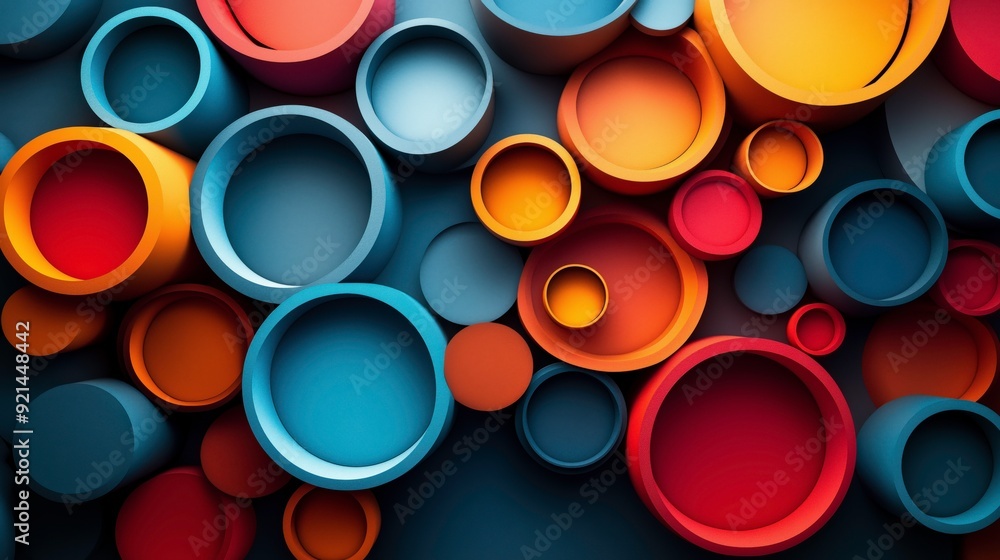 Abstract composition of colorful circular shapes and layers on a dark background. Abstract composition of colorful circular shapes and layers on a dark background.