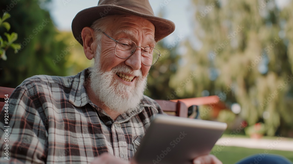 Happy Elderly Man Enjoying Technology with Tablet Outdoors Happy Elderly Man Enjoying Technology with Tablet Outdoors