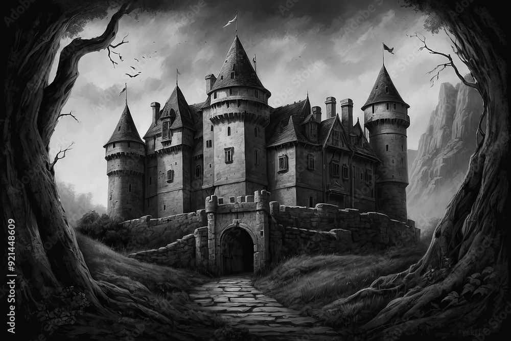a black and white drawing of a castle, a charcoal drawing a black and white drawing of a castle, a charcoal drawing