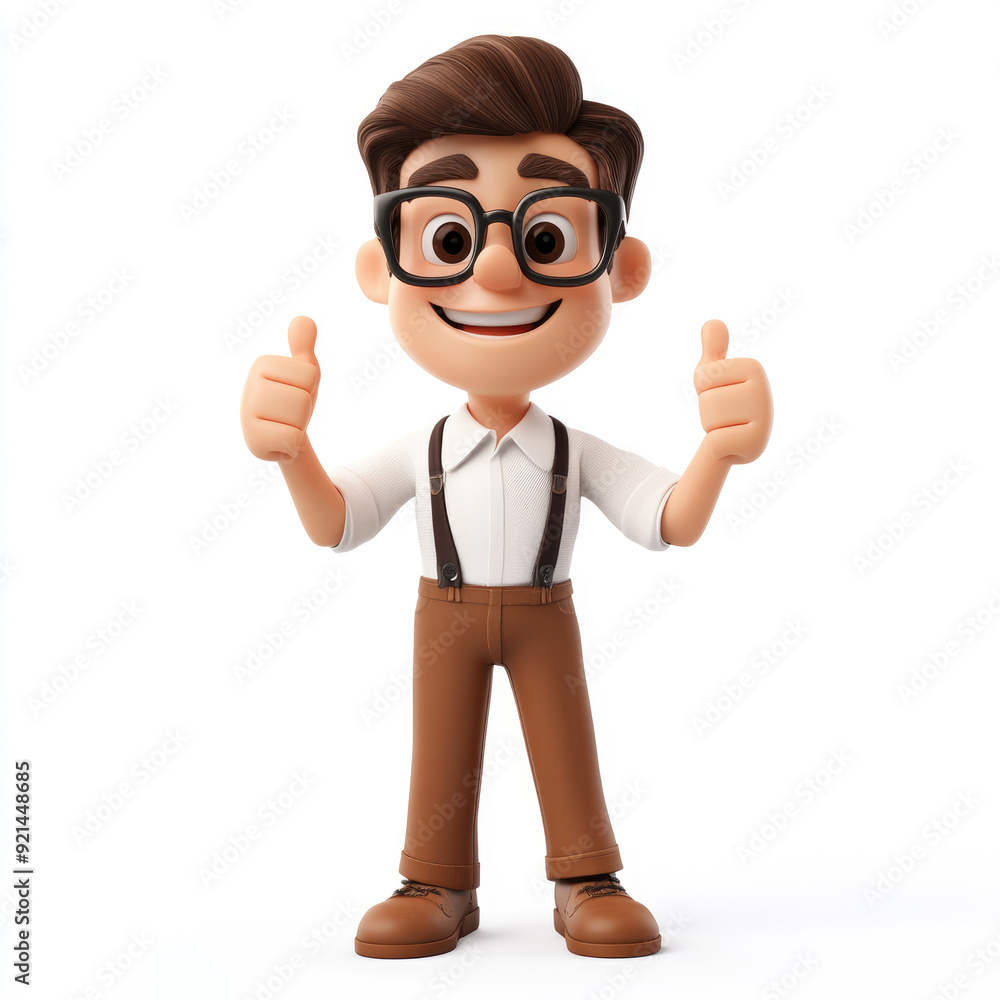 The cartoon man with glasses is smiling and giving two thumbs up. A 3D character on a white background The cartoon man with glasses is smiling and giving two thumbs up. A 3D character on a white background