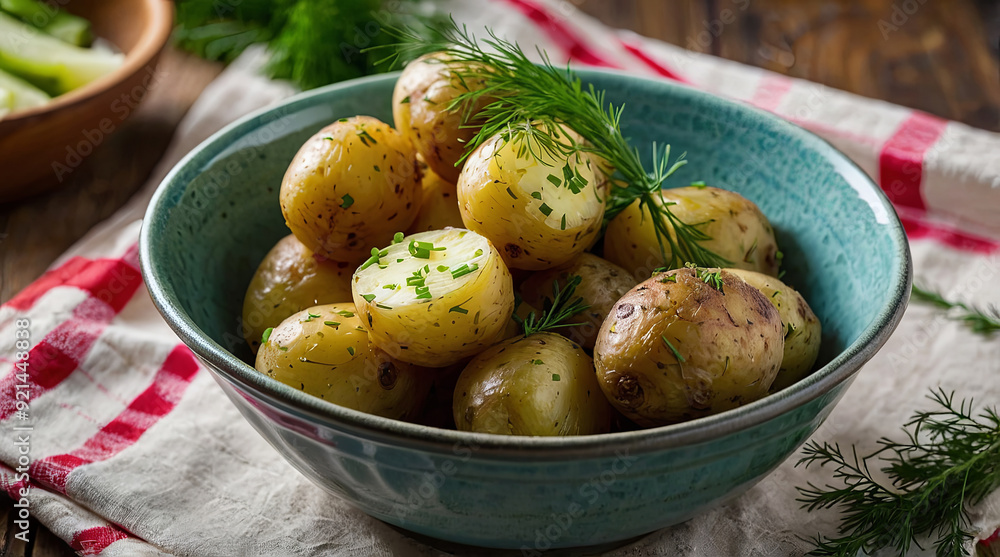a bowl filled with dill seasoned boiled potatoes a bowl filled with dill seasoned boiled potatoes