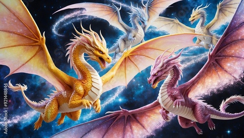 Vibrant dragons soaring through cosmic space with sparkling wings and scales