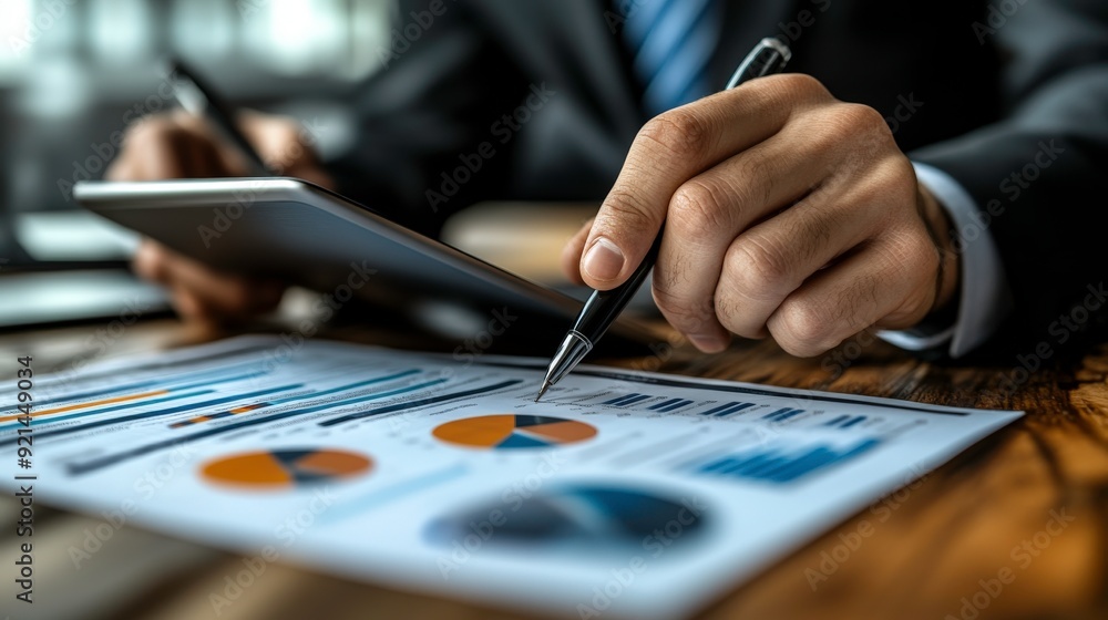 A business professional analyzing graphs and charts on paper while using a tablet. A business professional analyzing graphs and charts on paper while using a tablet.