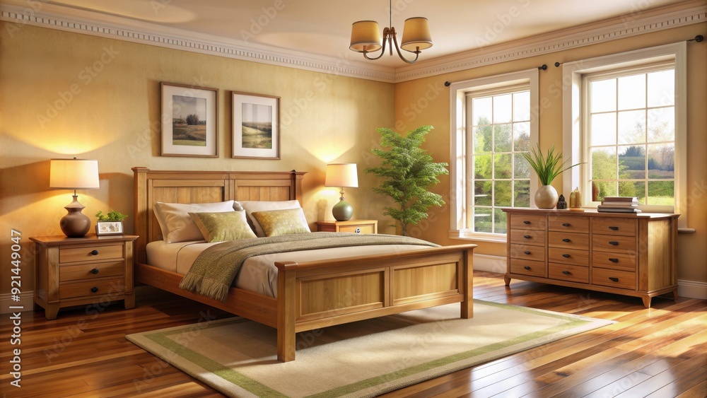 Naklejka premium Cozy bedroom with warm butter wood furniture, creating a welcoming atmosphere, interior design, bedroom, furniture, cozy