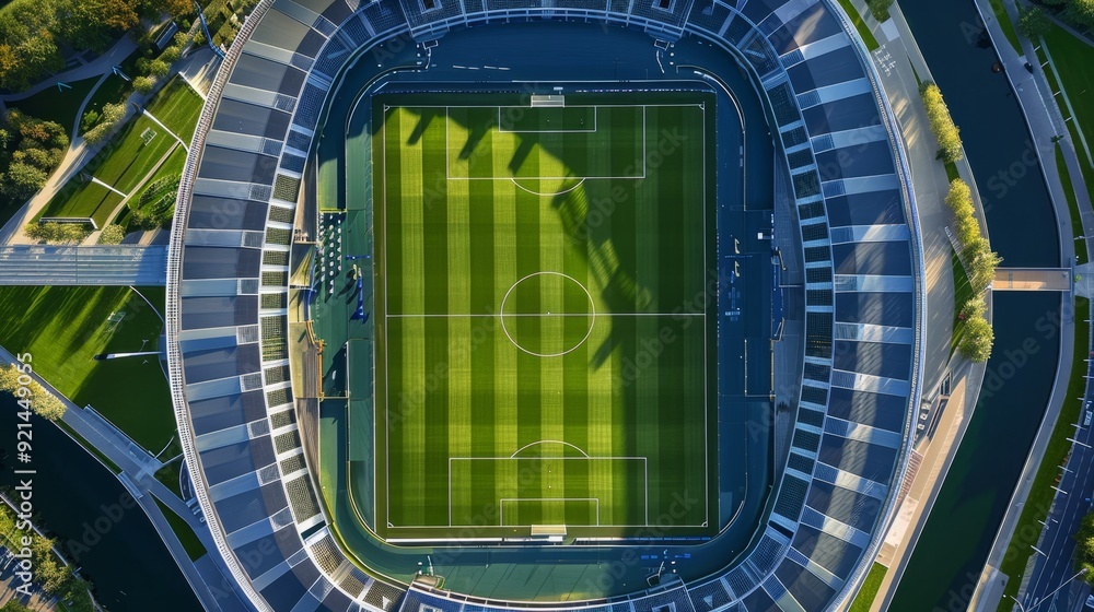 Obraz premium Aerial View of Soccer Stadium Surrounded by Water, Drone, Stadium, Soccer , Sports
