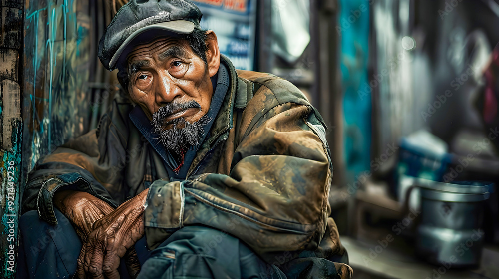 Weathered ragged homeless man sitting and resting in a dilapidated gritty urban alley surrounded by the harsh realities of poverty hardship and struggle for survival Weathered ragged homeless man sitting and resting in a dilapidated gritty urban alley surrounded by the harsh realities of poverty hardship and struggle for survival