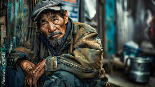 Wallpaper Mural Weathered ragged homeless man sitting and resting in a dilapidated gritty urban alley surrounded by the harsh realities of poverty hardship and struggle for survival Torontodigital.ca