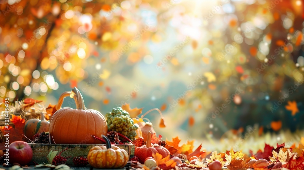 A serene autumn scene featuring pumpkins, leaves, and soft sunlight. A serene autumn scene featuring pumpkins, leaves, and soft sunlight.