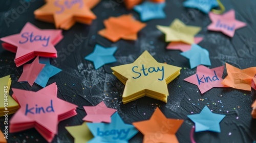 Stay Kind - Colorful Paper Stars on Black Background, paper star , stay kind , positive affirmation , craft photo