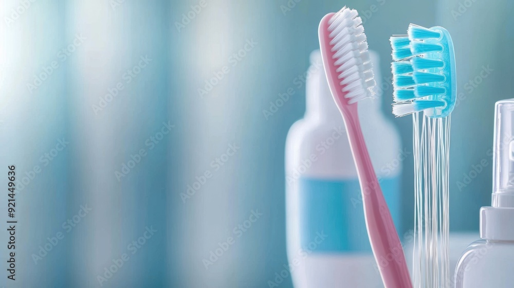 Set of dental care tools including toothbrush, toothpaste, and floss, promoting comprehensive oral hygiene Set of dental care tools including toothbrush, toothpaste, and floss, promoting comprehensive oral hygiene