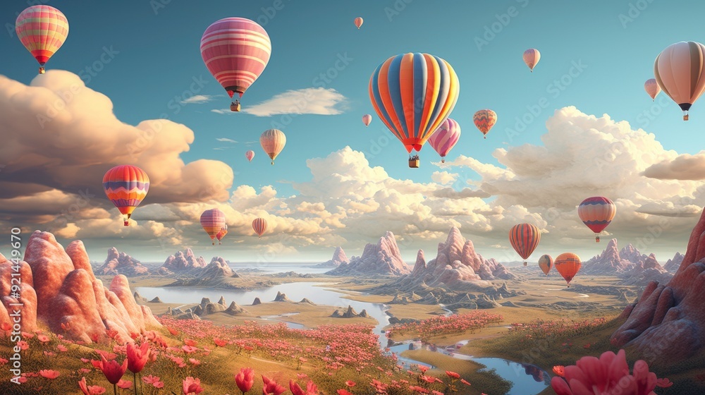 Naklejka premium A serene landscape filled with colorful hot air balloons floating over mountains and rivers.