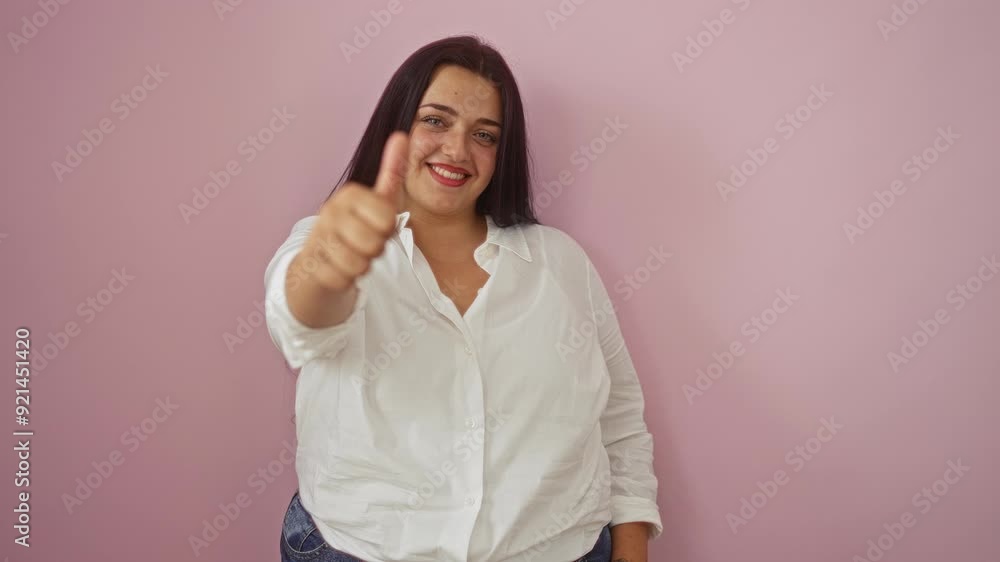 Woman smiling and giving a thumbs-up gesture against a bright pink background, radiating positivity and confidence in a casual white shirt and jeans Woman smiling and giving a thumbs-up gesture against a bright pink background, radiating positivity and confidence in a casual white shirt and jeans