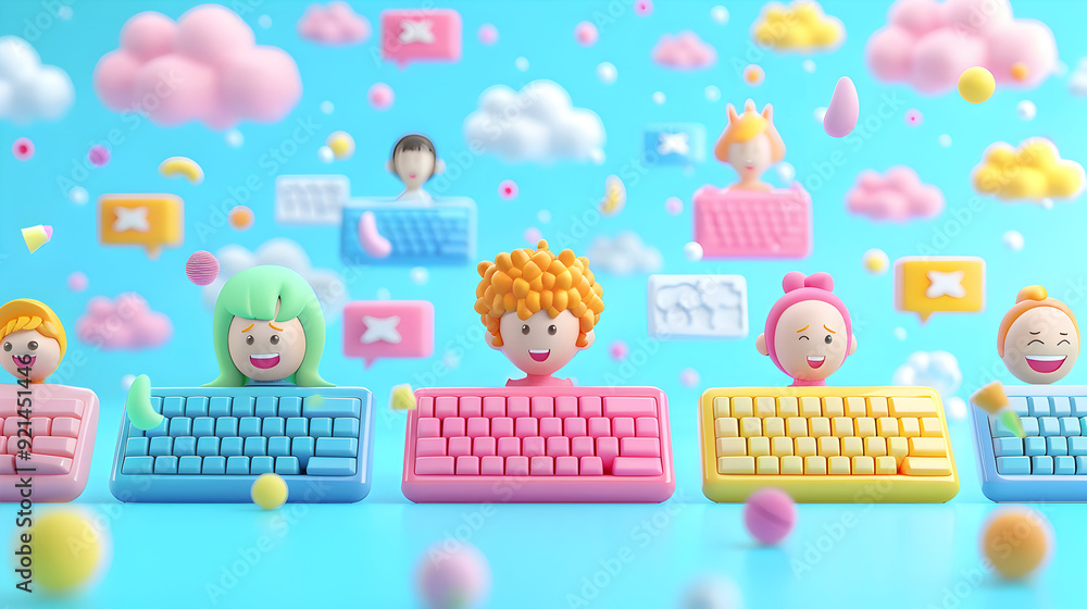 Group of People using Floating Keyboards with Joyful Faces in Dreamy Background 3D Flat Icons | Seamless Work Environment Concept Group of People using Floating Keyboards with Joyful Faces in Dreamy Background 3D Flat Icons | Seamless Work Environment Concept