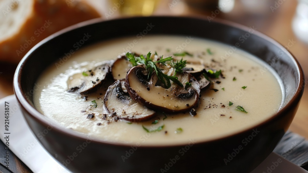 A bowl of creamy soup with truffle mushroom slices on top, served with a bread roll. -
