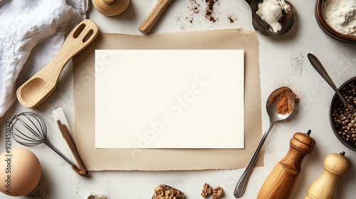 A blank recipe card on a table with cooking utensils around it, offering copy space.