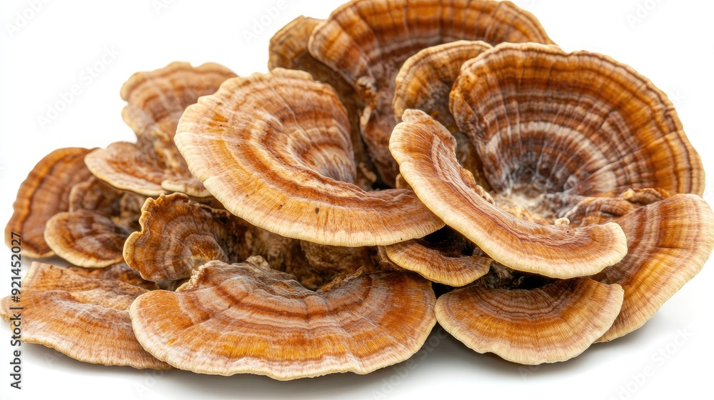 A bunch of fresh turkey tail mushrooms, highlighting their wavy edges against a white background.