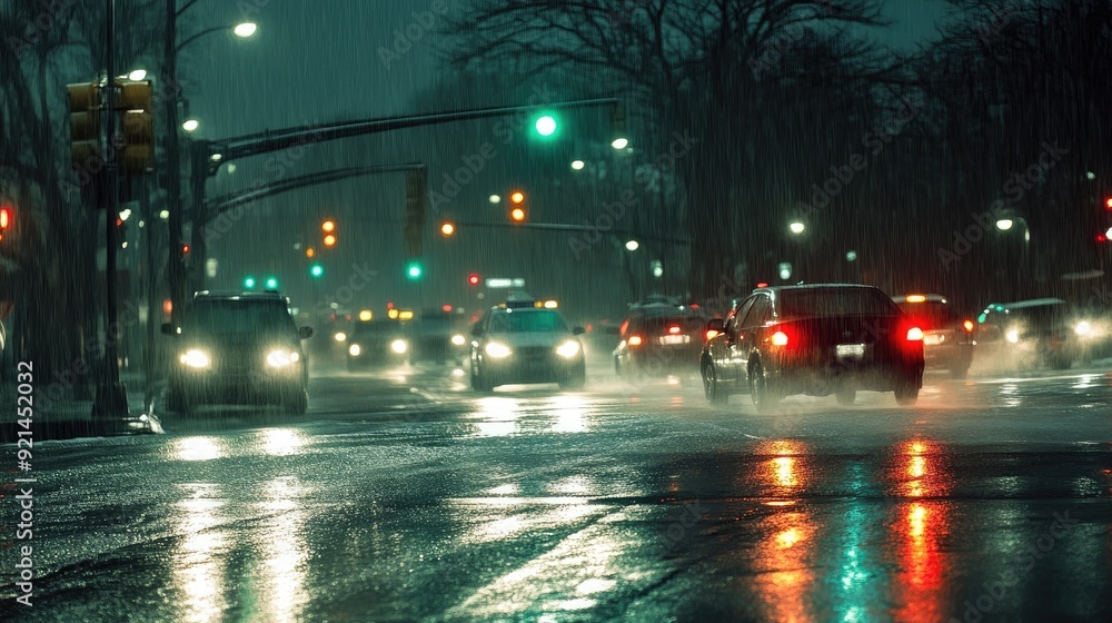 Fototapeta premium A busy intersection with traffic lights shining through the rain and car headlights.