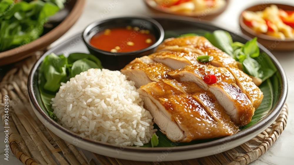A casual dining scene with a plate of rice and roasted chicken, served with dipping sauce. A casual dining scene with a plate of rice and roasted chicken, served with dipping sauce.