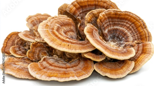 Obraz na płótnie A bunch of fresh turkey tail mushrooms, highlighting their wavy edges against a white background. w salonie