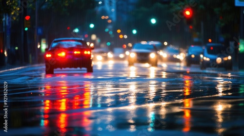 A busy intersection with traffic lights shining through the rain and car headlights.