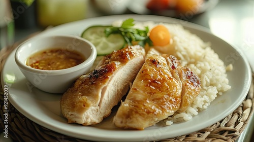 A casual dining scene with a plate of rice and roasted chicken, served with dipping sauce.