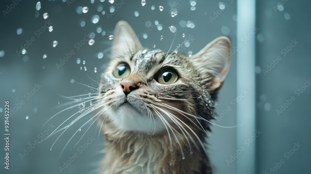 A cat standing in a shower with water droplets on its whiskers. A cat standing in a shower with water droplets on its whiskers.
