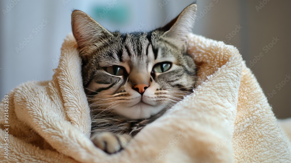 A cat wrapped in a towel after a shower, looking calm and relaxed. A cat wrapped in a towel after a shower, looking calm and relaxed.