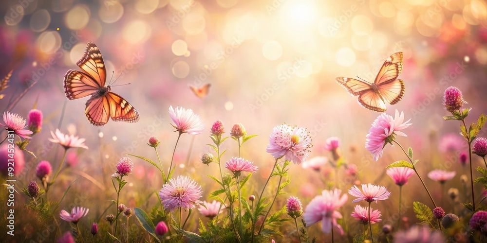 Naklejka premium Pink butterflies and meadow flowers flying in the early morning sunlight of a vintage autumn day , pink, butterflies
