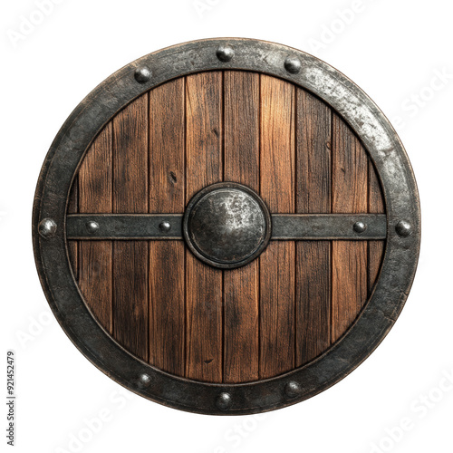 Wooden Shield With Metal Rim And Polished Finish, Isolated On Transparent Png Background, Ideal For Defensive Items In Fantasy Or Medieval Games . Generative ai