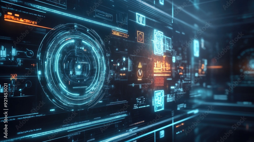 A futuristic concept of wireless communication with holographic displays and digital icons. A futuristic concept of wireless communication with holographic displays and digital icons.