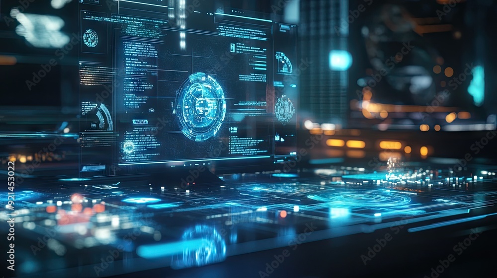 A futuristic concept of wireless communication with holographic displays and digital icons. A futuristic concept of wireless communication with holographic displays and digital icons.