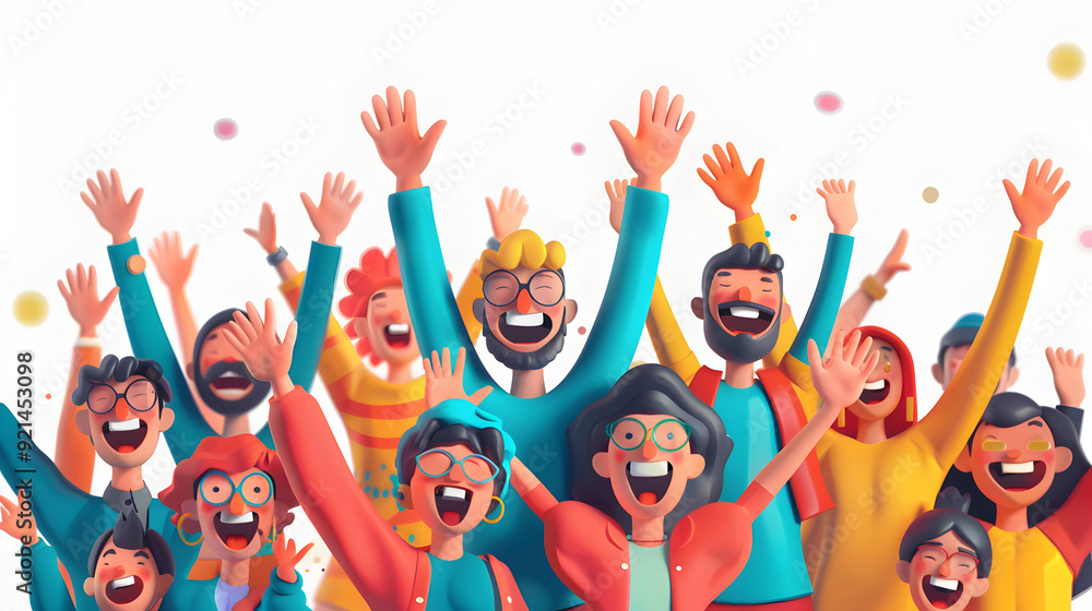 A group of people with glowing hands and joyful expressions on fantastical background | 3D Flat Icon Concept Productive Happy Friendly Atmosphere A group of people with glowing hands and joyful expressions on fantastical background | 3D Flat Icon Concept Productive Happy Friendly Atmosphere