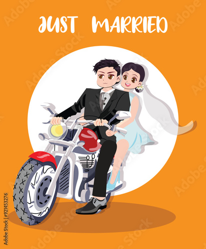 Just married couple in motorcycle chibi characters