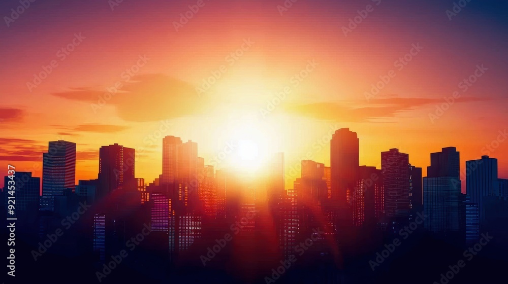 Comic book style cityscape with dramatic sunset sky Comic book style cityscape with dramatic sunset sky