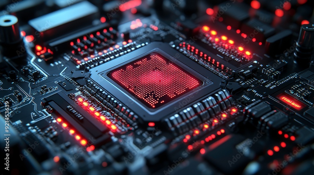 Close-up of a circuit board with glowing components, showcasing technology and design. Close-up of a circuit board with glowing components, showcasing technology and design.
