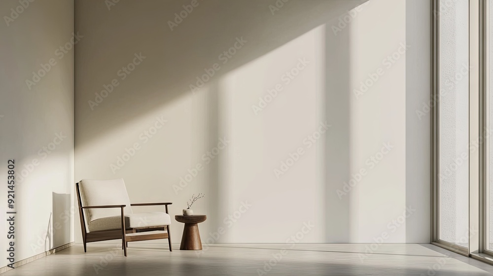 Fototapeta premium A minimalist living space with a large window, a single chair, and a small side table.