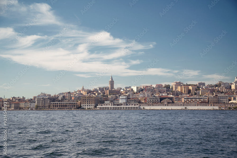 View of Istanbul cityscape Galata Tower with floating tourist boats in Bosphorus ,Istanbul Turkey View of Istanbul cityscape Galata Tower with floating tourist boats in Bosphorus ,Istanbul Turkey
