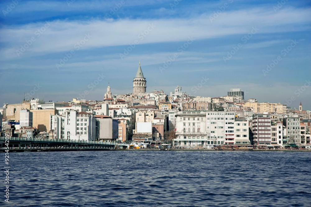 View of Istanbul cityscape Galata Tower with floating tourist boats in Bosphorus ,Istanbul Turkey View of Istanbul cityscape Galata Tower with floating tourist boats in Bosphorus ,Istanbul Turkey