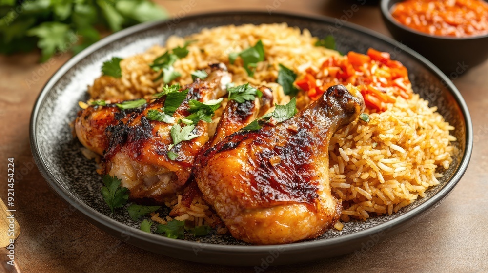 A plate of fragrant rice paired with succulent pieces of roasted chicken and herbs. A plate of fragrant rice paired with succulent pieces of roasted chicken and herbs.