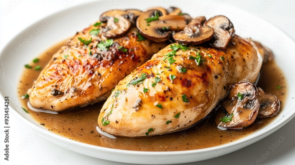 A plate of roasted chicken breast topped with truffle mushrooms and a rich gravy, on a white background. - A plate of roasted chicken breast topped with truffle mushrooms and a rich gravy, on a white background. -