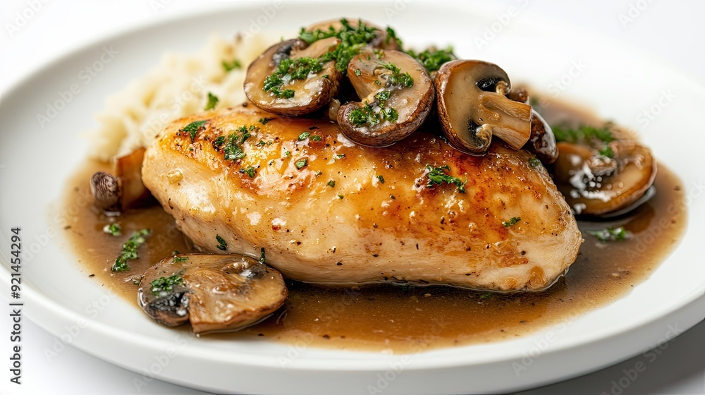 A plate of roasted chicken breast topped with truffle mushrooms and a rich gravy, on a white background. - A plate of roasted chicken breast topped with truffle mushrooms and a rich gravy, on a white background. -