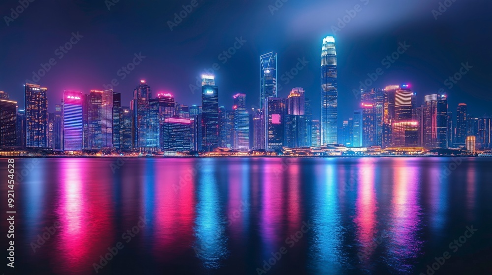 Fototapeta premium A vibrant city skyline at night, illuminated by colorful lights reflecting on the water.