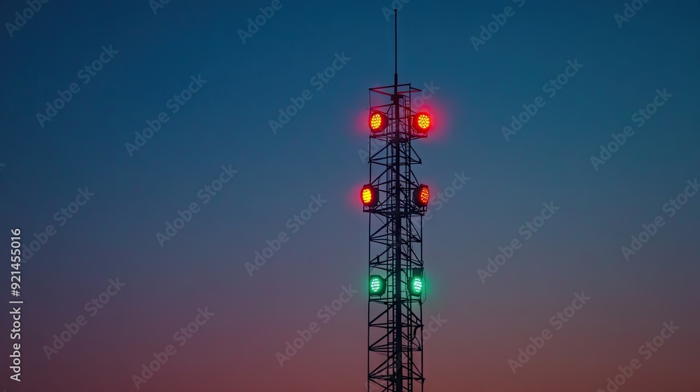 Naklejka premium A tall signal tower with lights changing colors in a sequence, set against the evening sky.