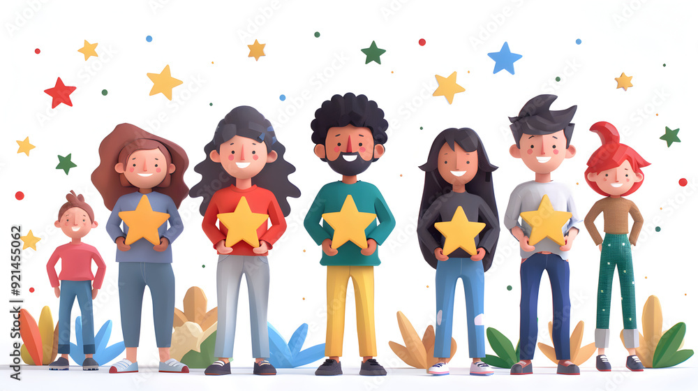 3D Flat Icon: Happy People with Sparkling Achievement Awards, Fantastical Background Rewarding Employee Evaluation Concept on White Isolated Background 3D Flat Icon: Happy People with Sparkling Achievement Awards, Fantastical Background Rewarding Employee Evaluation Concept on White Isolated Background
