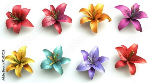 A collection of beautiful 3D lilies in vivid colors, isolated on white, ideal for a vibrant and stylish brochure template design