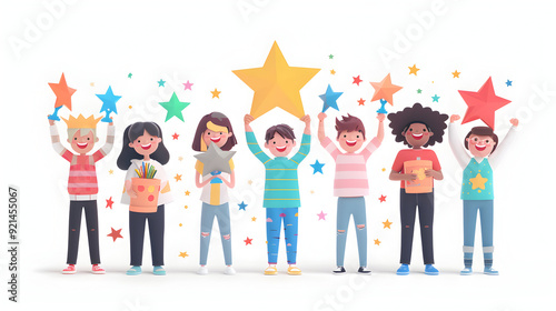 3D Flat Icon People Sparkling Achievement Awards Smiling Group Photo Rewarding Happy Employee Evaluation Concept on Isolated White Background with Text Space